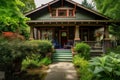 craftsman house with front porch and rocking chair, surrounded by lush greenery Royalty Free Stock Photo