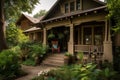 craftsman house with front porch and rocking chair, surrounded by lush greenery Royalty Free Stock Photo