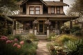 craftsman house with front porch and rocking chairs, surrounded by blooming flowers Royalty Free Stock Photo