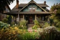 craftsman house with front porch and rocking chairs, surrounded by blooming flowers Royalty Free Stock Photo