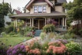 craftsman house with front porch and rocking chairs, surrounded by blooming flowers Royalty Free Stock Photo