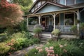 craftsman house with front porch and rocking chairs, surrounded by blooming flowers Royalty Free Stock Photo