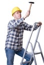 Craftsman on a ladder with a hammer