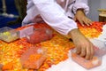 Detail of male hand of craftsman makes a colorful mosaic Royalty Free Stock Photo