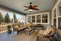 craftsman porch with ceiling fans and large windows