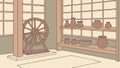 A craftsman\'s workshop with a spinning wheel and finished pottery. vector design Generative AI Royalty Free Stock Photo