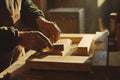 Craftsman shaping wood in sunlit workshop with precision and skill Royalty Free Stock Photo
