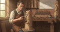 A craftsman sits in a workshop, diligently carving an owl from wood. The setting Royalty Free Stock Photo