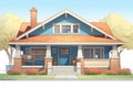 craftsman style stone and wood bungalow exterior, magazine style illustration