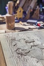 Craftsman table with tools for wooden crafts Royalty Free Stock Photo