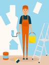 Craftsman worker paint the wall. Vector cartoon character in flat style design. Painter man holds paintroller and paint