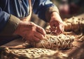 Craftsman working on basketry, straw baskets. Traditional crafts. Handmade. AI generated