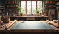 Craftsman workplace illustration measured surface. Table holds many design tools. Artisan workshop includes blueprint art Royalty Free Stock Photo