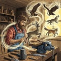 A craftsman in a workshop carves wood, surrounded by ethereal depictions of Royalty Free Stock Photo