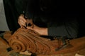 Craftsman& x27;s hands working on wood carving, with gouge and chisel Cabinetmaker, carpentry Royalty Free Stock Photo