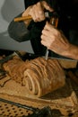 Craftsman& x27;s hands working on wood carving, with gouge and chisel Cabinetmaker, carpentry