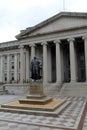 Exterior architecture and statue of historic US Department of Treasury Building, Washington, DC, 2016 Royalty Free Stock Photo