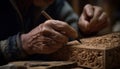 Craftsperson carving wood, holding work tool, creating homemade craft product