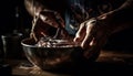 Craftsperson close up hand working homemade food in dark workshop generated by AI