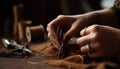 Craftsperson creates homemade fashion using sewing needle and leather material generated by AI