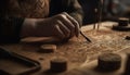 Craftsperson expertise in carpentry shown through precise cutting and carving generated by AI