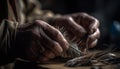 Craftsperson hand skillfully cuts leather for fashion generated by AI