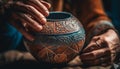 Craftsperson holding earthenware jar, decorating with indigenous culture pattern indoors generated by AI