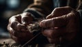 Craftsperson holding wool, sewing homemade winter product generated by AI