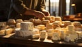 Craftsperson making gourmet cheese in a French food factory generated by AI