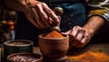 Craftsperson making homemade pottery using work tools indoors in workshop generated by AI