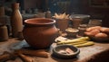 Craftsperson making rustic earthenware bowl in pottery workshop with terracotta generated by AI