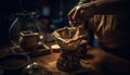 Craftsperson making rustic pottery bowl using old fashioned equipment indoors generated by AI