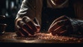 Craftsperson preparing sweet dessert in homemade kitchen using work tools generated by AI