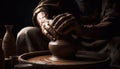 Craftsperson shaping clay on pottery wheel, creating vase generated by AI