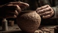 Craftsperson shaping clay on pottery wheel with human hand and thumb generated by AI