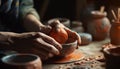 Craftsperson shaping clay on pottery wheel indoors generated by AI