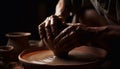 Craftsperson shaping clay on pottery wheel with skill generated by AI