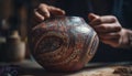 Craftsperson skillfully creates earthenware pottery using indigenous culture patterns generated by AI