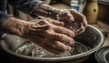 Craftsperson skillfully making pottery in dirty kitchen sink with water generated by AI