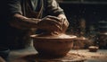 Craftsperson skillfully shapes wet clay on pottery wheel in workshop generated by AI