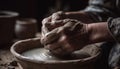 Craftsperson skillfully turning clay on pottery wheel, creating homemade vase generated by AI