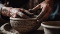 Craftsperson skillfully turning wet clay on pottery wheel, creating earthenware vase