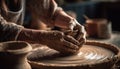 Craftsperson skillfully turning wet clay on pottery wheel, creating vase generated by AI