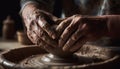 Craftsperson skillfully turning wet clay on pottery wheel, molding vase generated by AI