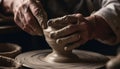 Craftsperson skillfully turning wet clay on pottery wheel, molding vase generated by AI