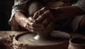 Craftsperson skillfully turning wet clay on pottery wheel, molding vase shape generated by AI