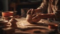 Craftsperson turning clay on pottery wheel, molding a vase shape generated by AI