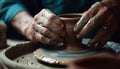 Craftsperson turning clay on pottery wheel, shaping vase generated by AI