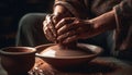 Craftsperson turning wet clay on pottery wheel, creating beautiful vase generated by AI