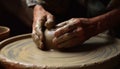 Craftsperson turning wet clay on pottery wheel generated by AI